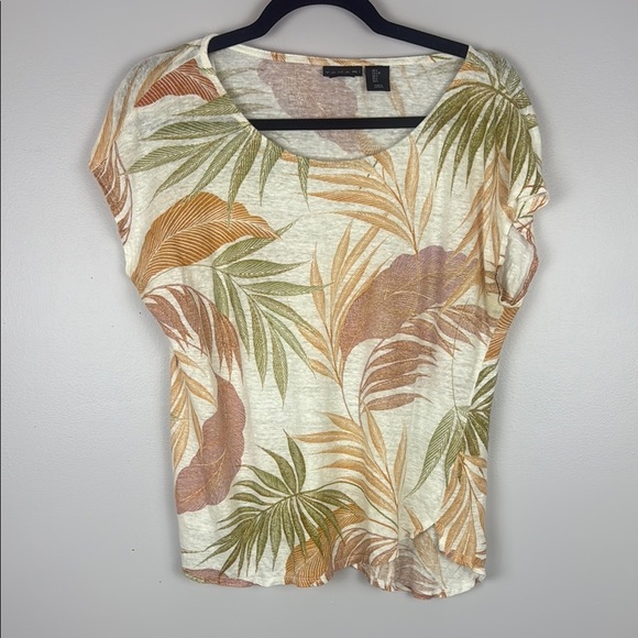 Tahari 100% Linen Green and Orange Tropical Short Sleeve Top Size Large - Picture 2 of 9